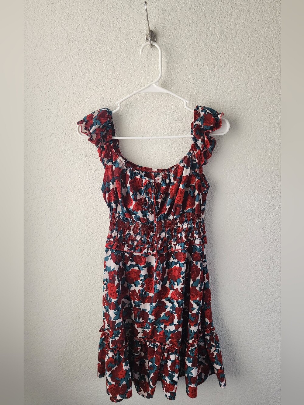 Ruffled Sleeveless Floral Midi Dress in Red and Teal